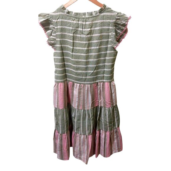NWT Voy Striped Green & Pink Ruffle Sleeve Tiered Dress Size Small - Picture 2 of 8